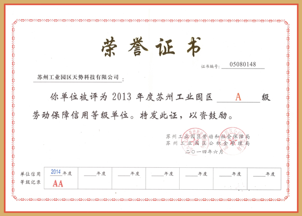 2013年 A級勞動保障信譽等級單位【天勢科技】